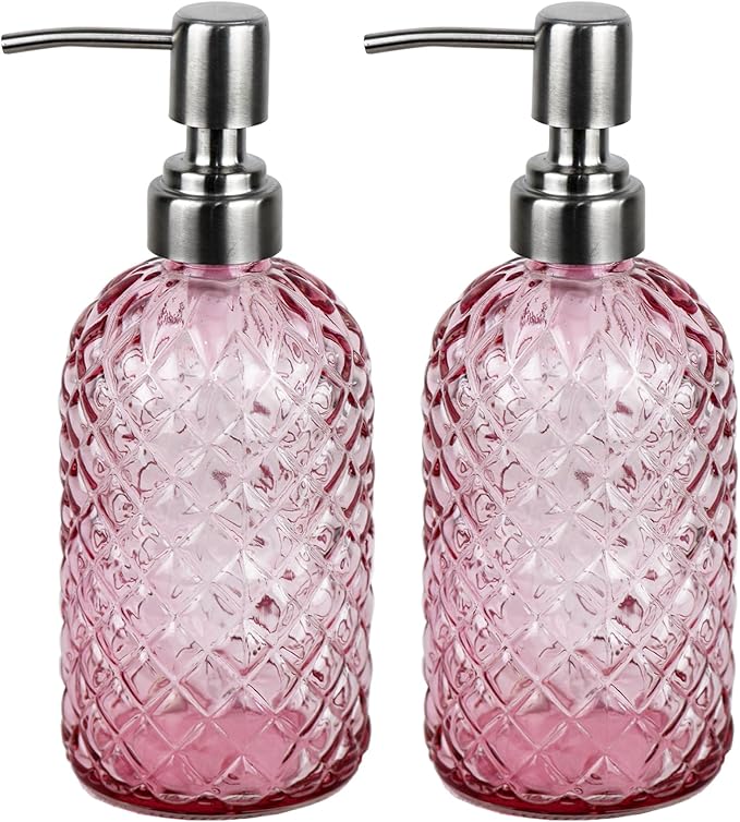 Bathroom & Kitchen Glass Hand and Dish Soap Dispenser with 304 Rustproof Stainless Steel Pump (Pink-2pack)