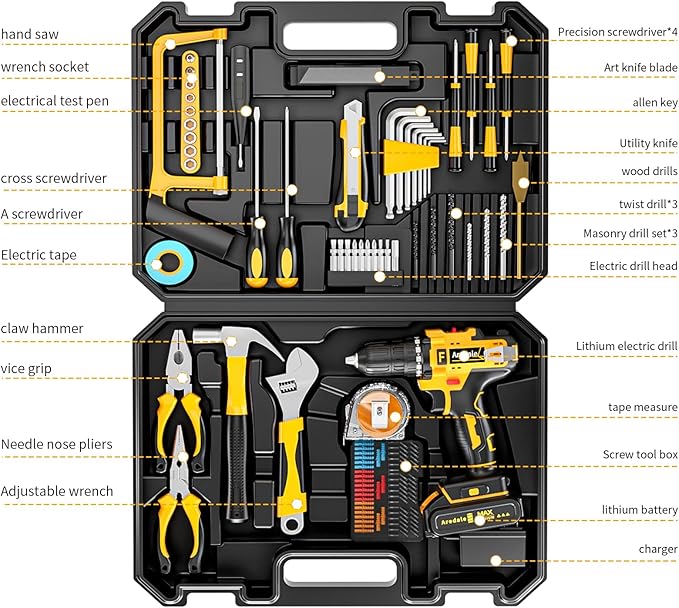 117-Piece Tool Kit with 20V Cordless Drill Mechanic Tool Set for Home & Auto Repair Toolbox Storage Case Perfect for Men, DIYers, Handymen