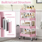 TOOLF 4-Tier Metal Rolling Cart with Wheels, Storage Utility Organizer Cart for Kitchen, Bathroom, Office, Baby Essentials & Makeup - Lockable Casters, Easy Assembly, 132 lbs Capacity, Pink