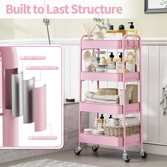 TOOLF 4-Tier Metal Rolling Cart with Wheels, Storage Utility Organizer Cart for Kitchen, Bathroom, Office, Baby Essentials & Makeup - Lockable Casters, Easy Assembly, 132 lbs Capacity, Pink