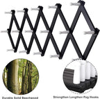 Dseap Accordian Wall Hanger: Wooden Coat Rack Wall Mounted, Hat Racks for Baseball Caps, Mug Rack, 16 Peg Hooks, Black & White