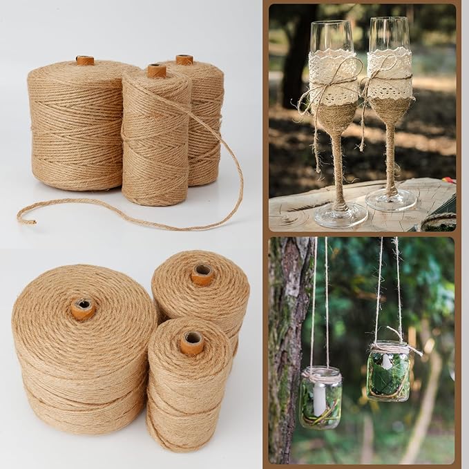 Natural 3mm Jute Twine String, 328-FT Hemp Rope Heavy Duty for Gardening, Handmde DIY Crafts Artworks, Climbing Plant Support, Picture Hanger, Gift Presents Wrapping, Packing and Bundling, Home Décor