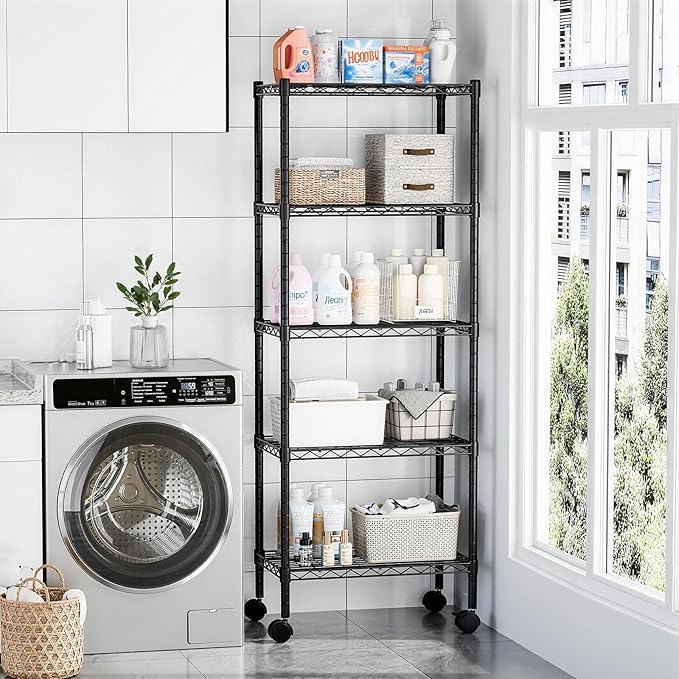 DUMOS 2 Pack 4Tier 5Tier Metal Shelving, Heavy Duty Shelves Wire Shelving Unit with Removable Wheel Casters, Shelves Organizer for Bathroom Garage Living Room Kitchen Pantry Laundry