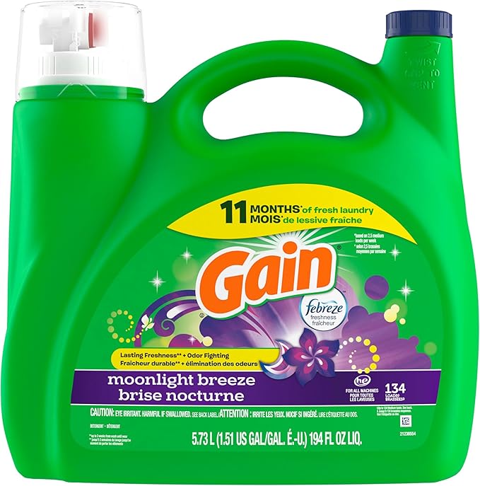 Gain Liquid Laundry Detergent, Moonlight Breeze Scent, 194 fl oz, 134 loads, Freshness + Odor Fighting, High efficiency washing machine iquid cleaning soap