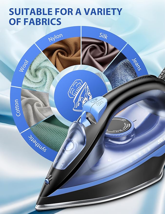 Sundu Steam Iron for Clothes with Rapid Heating Ceramic Coated Soleplate, 1500W with Precise Thermostat Dial, Self-Cleaning, Auto-Off, 15.21oz Water Tank for Home Clothes Ironing Use, Blue