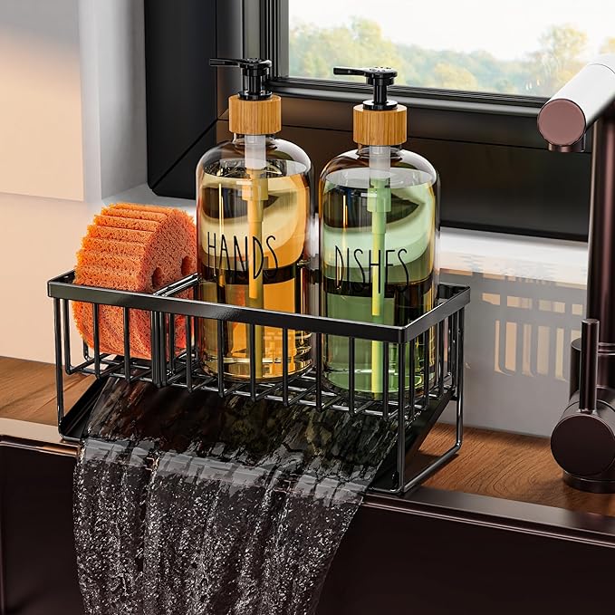 Cisily Dish Soap Dispenser, 16 fl Oz Dual Kitchen Soap Dispensers with Sponge Holder, Customized Stainless Steel Kitchen Soap Dispenser Set, Modern Hand and Dish Soap Bottle Set Removable