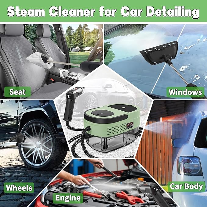 Handheld Steam Cleaner for Home, 2500W High Temperature Pressurized Machine, 1.6L Water Tank, Handle-Controlled Steam Output, Portable Cleaning Steamer for Car, Bed Bugs, Furniture, Grout (Green)