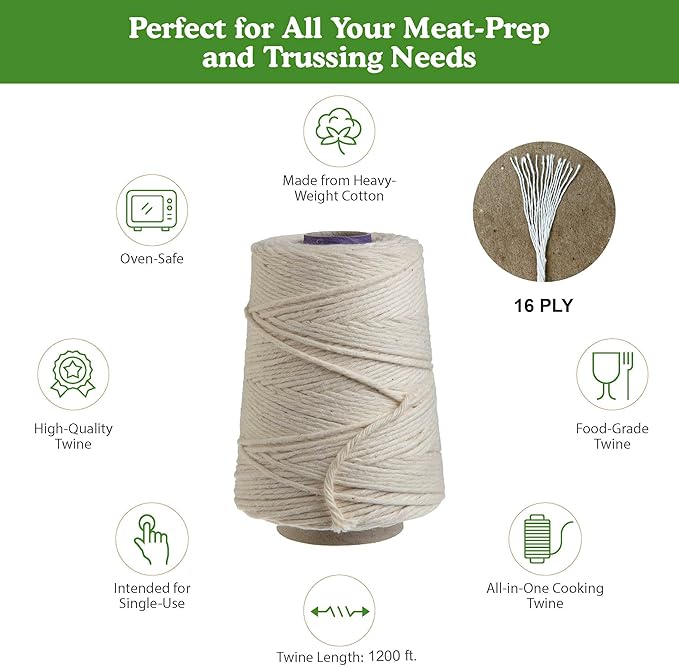 Regency Wraps Butchers Cooking Twine, Heavy Duty, 1200 ft,16 Ply, 2.4mm, Food-Safe Cotton Kitchen String for Turkey Trussing, Meat Prep, Crafting, Natural, Pack of 1