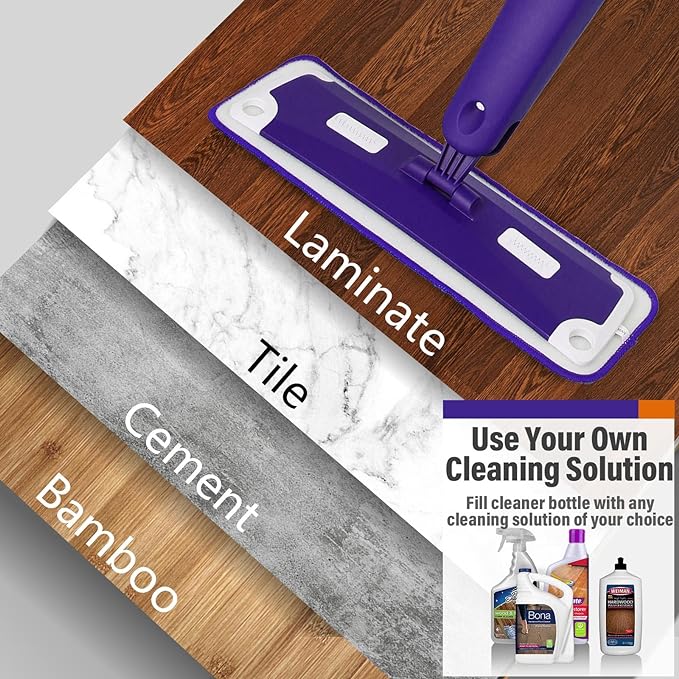 Mops for Floor Cleaning, Wet and Dry Spray Mop with Refillable Spray Bottle and 3 Washable Microfiber Pads Home or Commercial Use Flat Mop for Hardwood Laminate Wood Ceramic, Purple