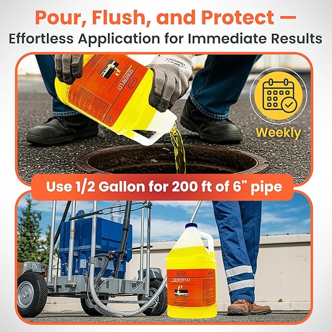 SewerFlo Main Line Sewer Drain Cleaner Heavy Duty, Clears Sand, Silt and Mud from Catch Basins, Breaks Up Clogs & Keeps Particles in Suspension, Safe & Concentrated (1 Galon, 1, Count)