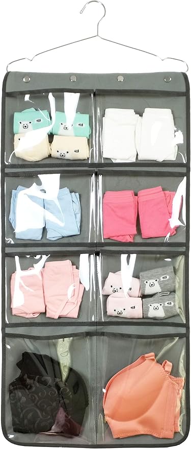 NIMES Durable Hanging Closet Underwear Sock Bra Stocking Organizer Dual-Sided Accessories Storage with 16 Large Clear Pockets (Grey)