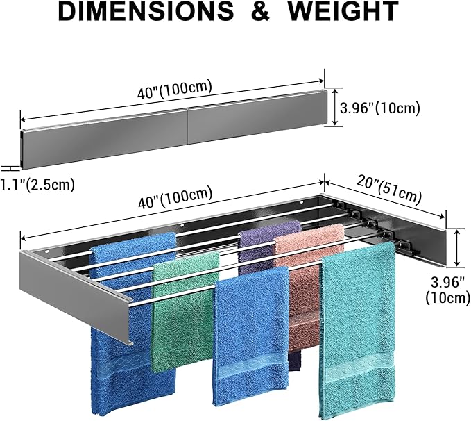 Wall Mounted Drying Rack, 40 "Wide, 16.5 Linear Ft, 5 Aluminum Rods, 60 lb Capacity, Space Saver Laundry Drying Rack Collapsible (Grey 40" Large)