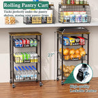 4-Tier Small Kitchen Storage Cart on Wheels, Metal Fruit Basket Stand with Pull-Out Baskets & Wood Top for Potato Onion Produce Snack Veggies