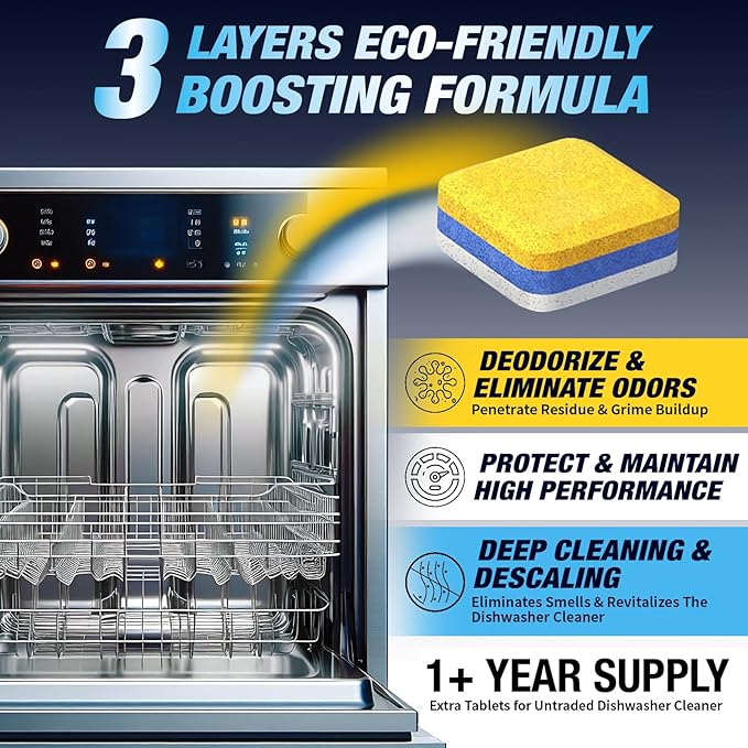 Dishwasher Cleaner Deodorizer Descaler Tablets - 28 Tabs - 1 Plus Year Supply - Extra Scented Deep Cleaning Sanitizer Pods - Remove Hard Water - Contain Citric Acid Heavy Duty Septic Safe - Lemon