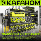 KAFAHOM Power Tool Organizer with Charging Station,9 Drill Holder Wall Mount,4 Layer Durable Metal Cordless Drill Storage for Garage Organization,Battery Tool Rack Built in 7 Outlet Power Strip Black