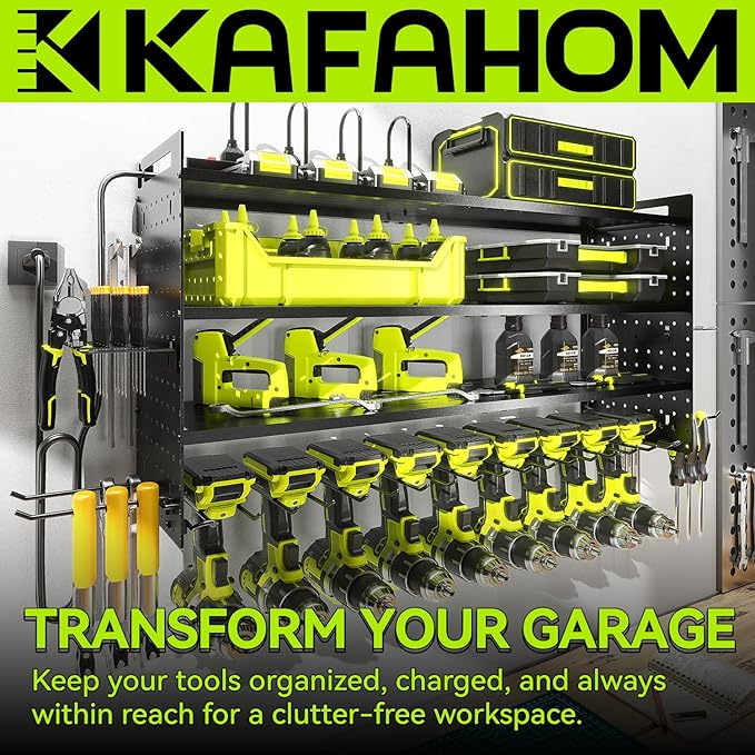 KAFAHOM Power Tool Organizer with Charging Station,9 Drill Holder Wall Mount,4 Layer Durable Metal Cordless Drill Storage for Garage Organization,Battery Tool Rack Built in 7 Outlet Power Strip Black