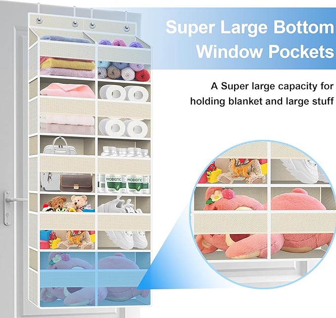 Over The Door Organizer Multi Pocket,5 Tier Large Hanging Shelf for Storage Kids Toys, Diapers, Clothes,Yarn,Heavy Duty Behind Door Storage for Bedroom Bathoom Nursery Closet Pantry,Beige