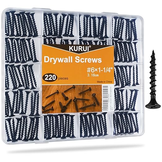 KURUI #6 * 1-1/4in Drywall Screws, Dry Wall Screws for Drywall Wood, 220Pcs Coarse Thread Sheetrock Screws - Black Bugle-Head Phillips Self Tapping Wood Screws