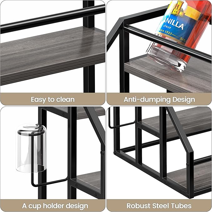 Coffee Syrup Rack Organizer, Spice Racks, Syrup Bottle Holder Stand for Coffee Bar, 3-Tier 12 Bottles Storage Shelves for Syrup, Wine, Dressing for Kitchen Countertop, Grey