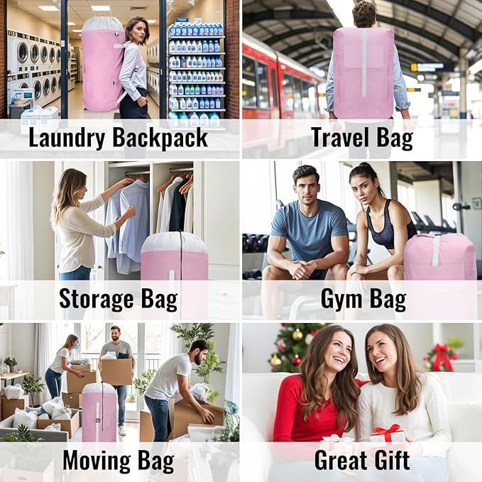 Laundry Bag Backpack, 125L Extra Large Travel with Shoulder Straps, Adjustable & Extendable Design, Laundry Hamper Bag with 3 Pockets for Laundromat, College, Travel, Camping (Pink)