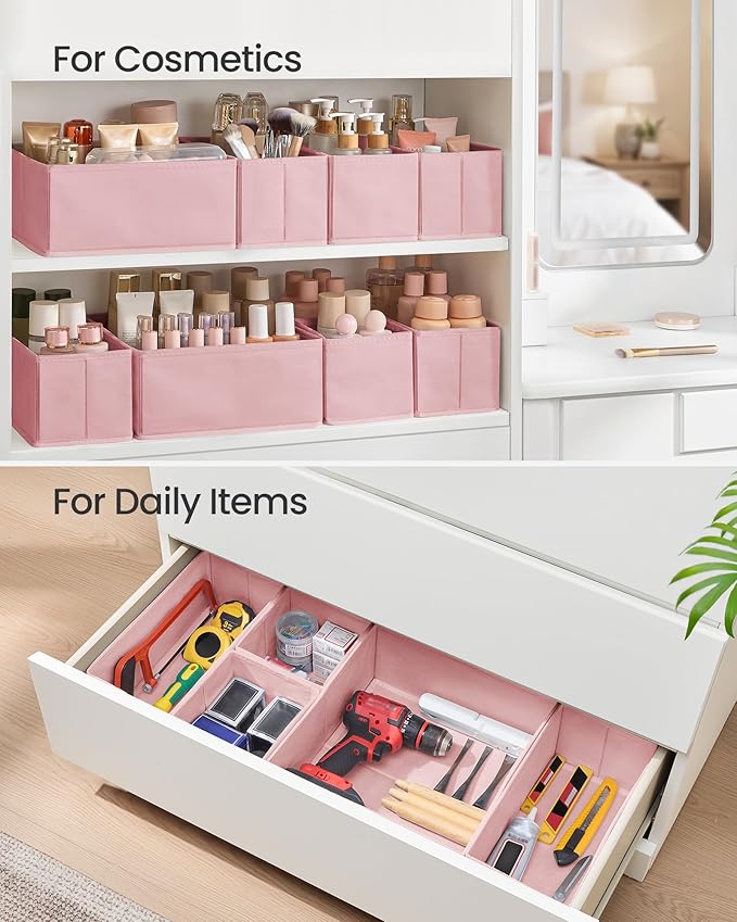 SONGMICS Drawer Organizers, Dresser Divider Organizers, Set of 12, Foldable Fabric Storage Boxes for Socks, Underwear, Bras, Ties, Scarves, Jelly Pink URDZ006R01