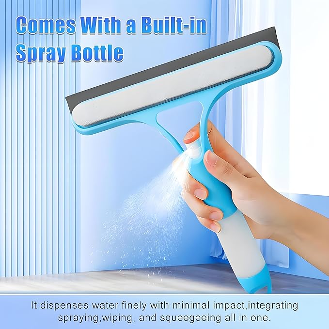 3 in 1 Window Cleaning Scraper, Window Squeegee with Spray 3 in 1 Glass Cleaner Squeegee and Scrubber with Spray for Car Home Kitchen （Blue）