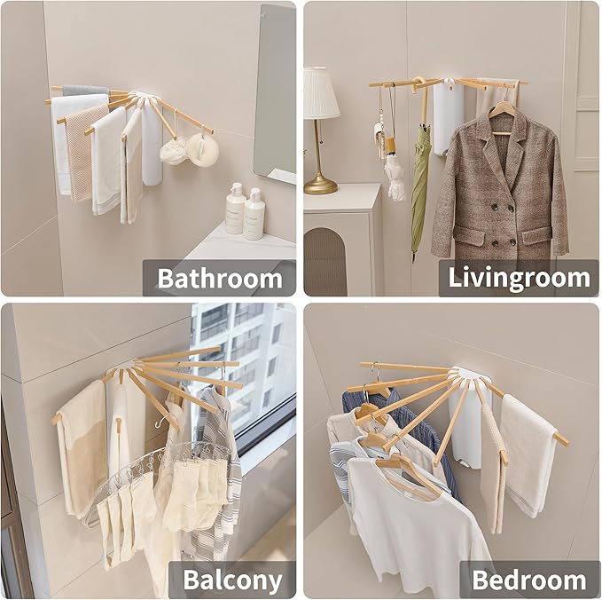 LEQ Wall Mounted Clothes Drying Rack, Garment Rack Foldable Space Saving Laundry Drying Rack with 7 Hanging Rods,Drying Rack Clothing for Laundry Balcony Bedroom Household Wooden