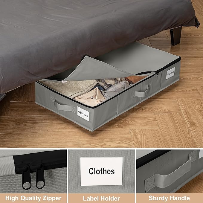 Under Bed Storage with Wheels, 2 Pack Under Bed Storage Containers with Label Holders for Clothes, Shoes and Blankets, Rolling Underbed Shoe Organizer with Cover, Grey (30.71x15.7x7.28 in)