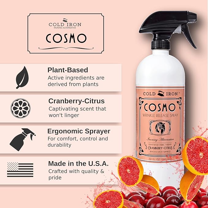 Cold Iron Wrinkle Release Spray 32 fl oz. Cranberry-Citrus. Plant Based Ironing Alternative. Fast, Easy to Use. Spray, Smooth, Hang. Award Winning Formula to Save You Time