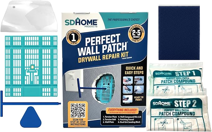 Drywall Repair Kit by SD Home, Fix Large Holes Fast, Wall Plate, 2 Patch Dry Compound Bags, Sanding Block & Trowel, Perfect Drywall Hole Patch Solution, Quick & Easy Filler, Wall Putty, Spackle Paste