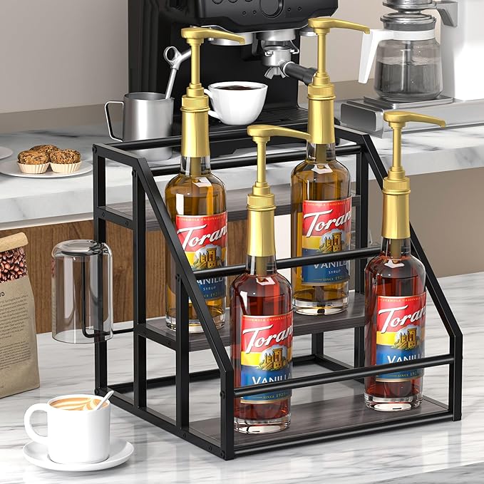 Coffee Syrup Rack Organizer, Spice Racks, Syrup Bottle Holder Stand for Coffee Bar, 3-Tier 12 Bottles Storage Shelves for Syrup, Wine, Dressing for Kitchen Countertop, Grey