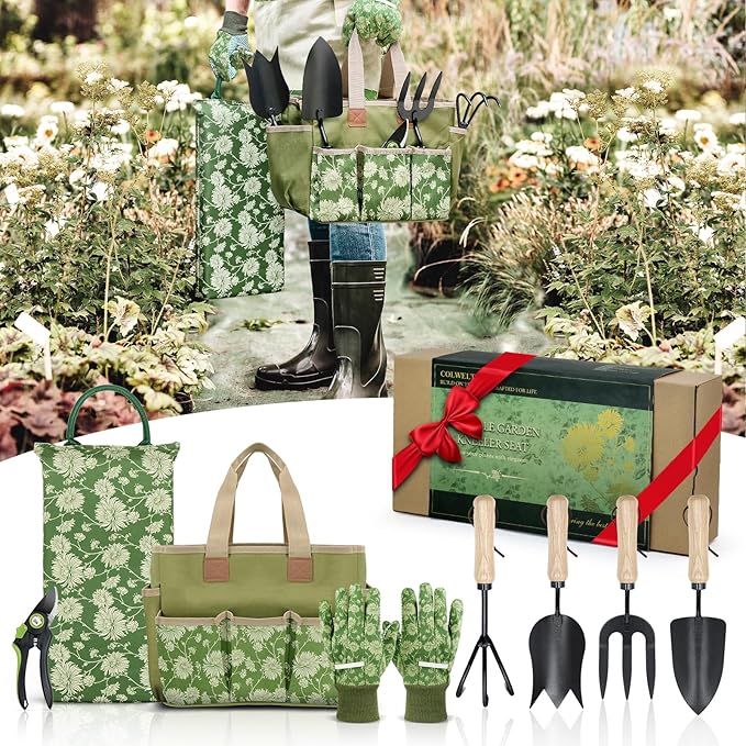 Colwelt Garden Tools Set, 8 Piece, Heavy Duty Gardening Tools with Wooden Handle, Including Garden Tote, Kneeling Pad, Gloves, Pruner, Trowel, Tulip Trowel, Cultivator - Gardening Gifts for Women Men