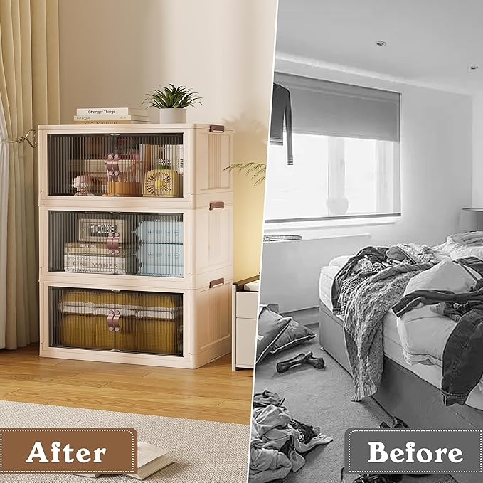 SAILUN 83Gal/335Qt Stackable Storage Bins Folding Collapsible Storage Bins with Lid, Closet Organizers and Box with Door Beige 26" W x 17" D x 43.7" H