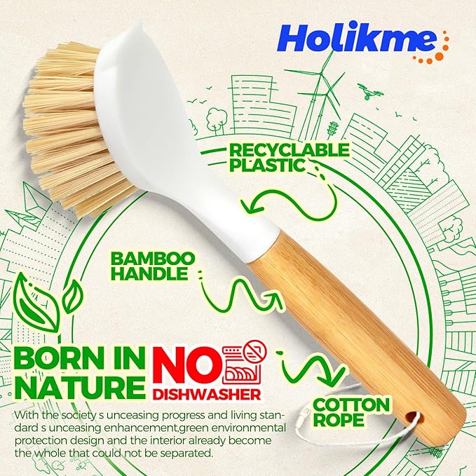 Holikme 3 Pack Dish Brush Set with Bamboo Handle, Kitchen Brushes for Cleaning Pot, Sink and Stove, Skillet Scrubber with Tough Bristles for Cast Iron Grill Pan, Yellow White Black
