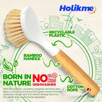 Holikme 3 Pack Dish Brush Set with Bamboo Handle, Kitchen Brushes for Cleaning Pot, Sink and Stove, Skillet Scrubber with Tough Bristles for Cast Iron Grill Pan, Yellow White Black