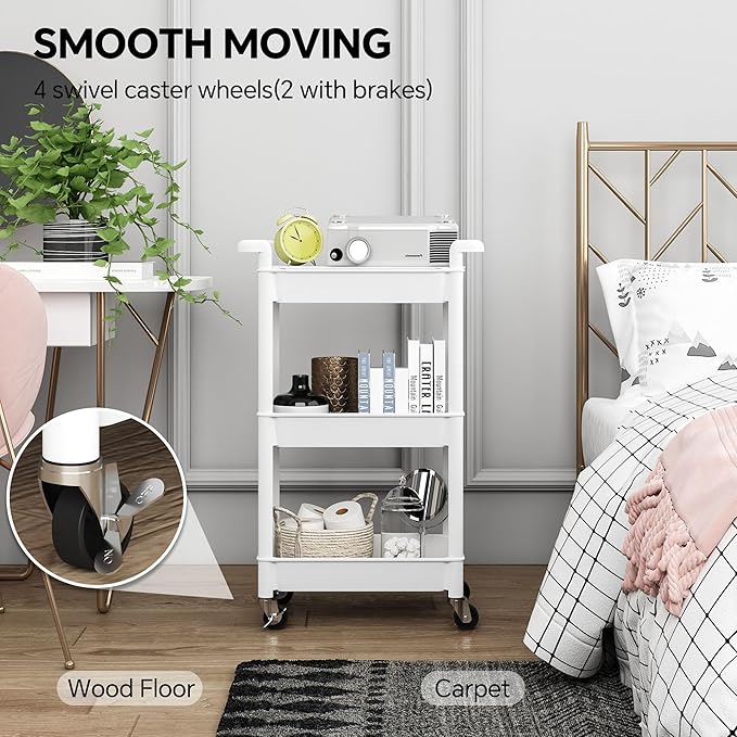 3-Tier Utility Rolling Cart with Cover Top Board, Mobile Utility Cart with Lockable Casters Multi-Functional Storage Trolley for Office, Bathroom, Kitchen, Garden, Laundry Room (White)