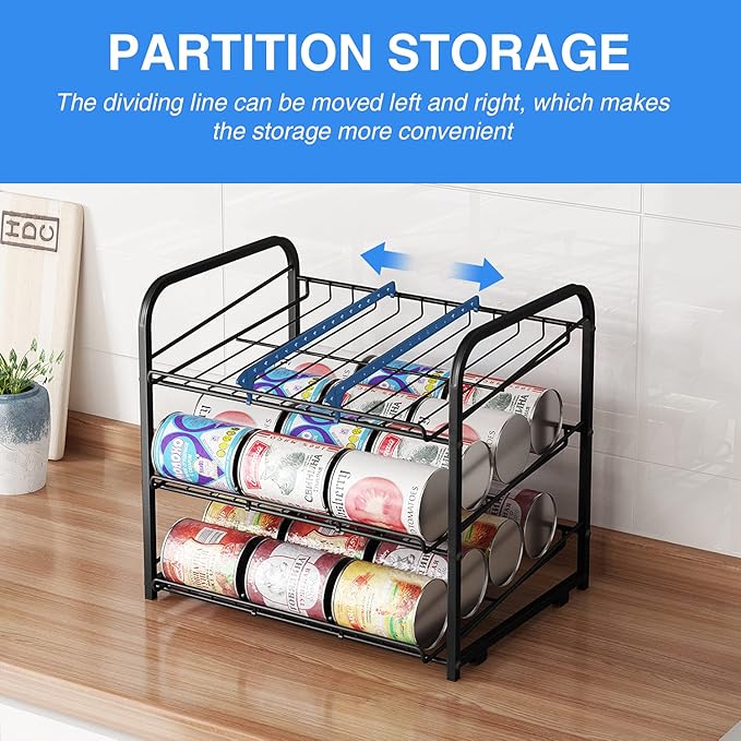 AIYAKA Can Rack Organizer, 3 Tier Stackable Can Storage Dispenser–12.2" D x 16.6" W x 14.5" H,for Food Storage, Kitchen or Pantry, Storage for 36 Cans, Black