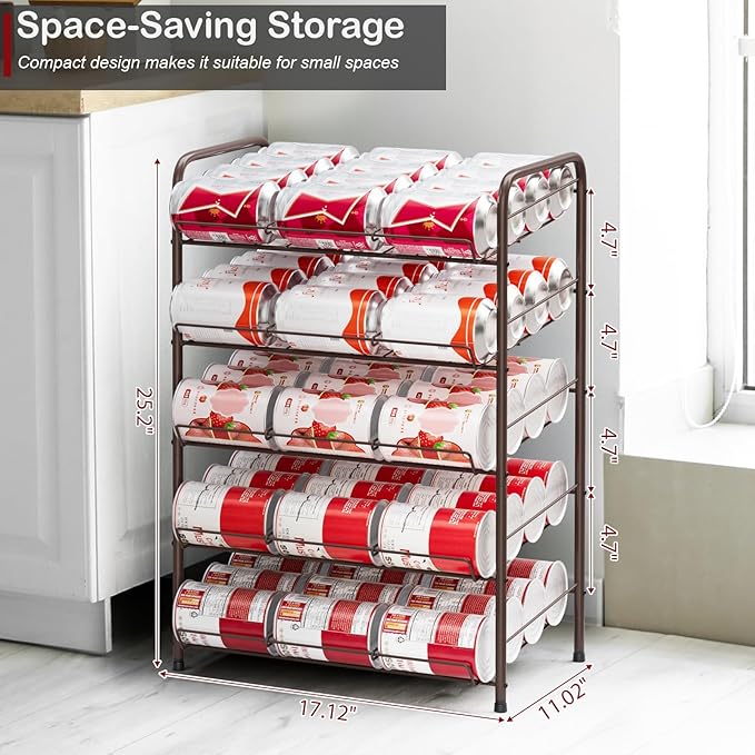 Vrisa Can Rack Organizer 5 Tier Cans Storage Organizer for Pantry Metal Can Food Holders Stacking Canned Goods Dispenser Rack Soda 60 Cans Organizers for Kitchen Pantry Cabinet, Rustic Brown