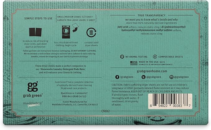 Grab Green Stoneworks Cruelty-Free Dryer Sheets | Softens Fabrics, Freshens Clothing & Reduces Static-Cling and Wrinkles | Plant Based | Fragrance-Free (80 Sheets)