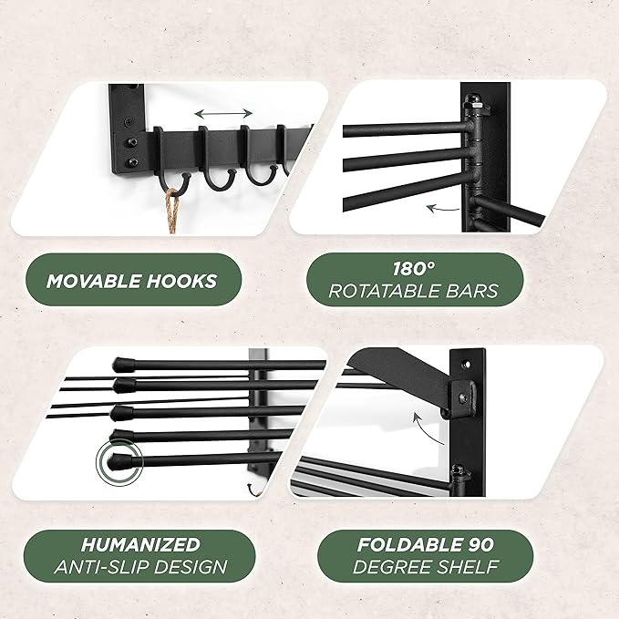 BATODA Wall-Mounted Steel Clothes Drying Rack - Swivel Towel Hanger for Laundry Room & Bathroom - Space Saver (Steel)