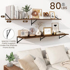 Fun Memories Floating Shelves for Wall, 12 Inch Deep Floating Shelves Set of 2, 55W x 12D Large Wall Shelf with Sturdy Metal Brackets for Living Room, Bathroom, Bedroom and Kitchen, Rustic Brown