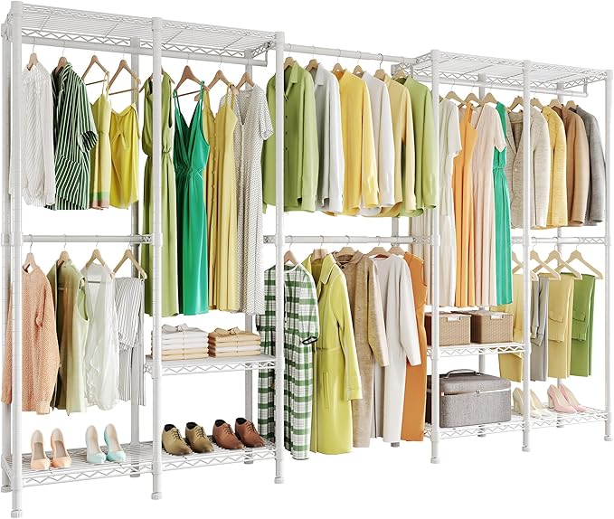 H5 Pro Heavy Duty Clothes Rack Wardrobe Closet for Hanging Clothes, Freestanding Garment Rack with Expandable Hanger Rods, Closet Organizer and Storage, (97.7-115.4")L x 15.7"W x 75.4"H, White