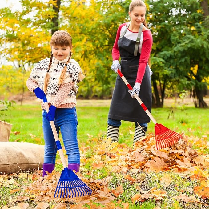 2 Pcs 35'' Kids Rakes for Leaves - Plastic Rake Head with 2 Pairs Kids Gloves, Small Kids Lawn Rakes Detachable Wooden Handle, Autumn Garden Tool Set for Kids Boys and Girls, Red & Blue, 3yr+