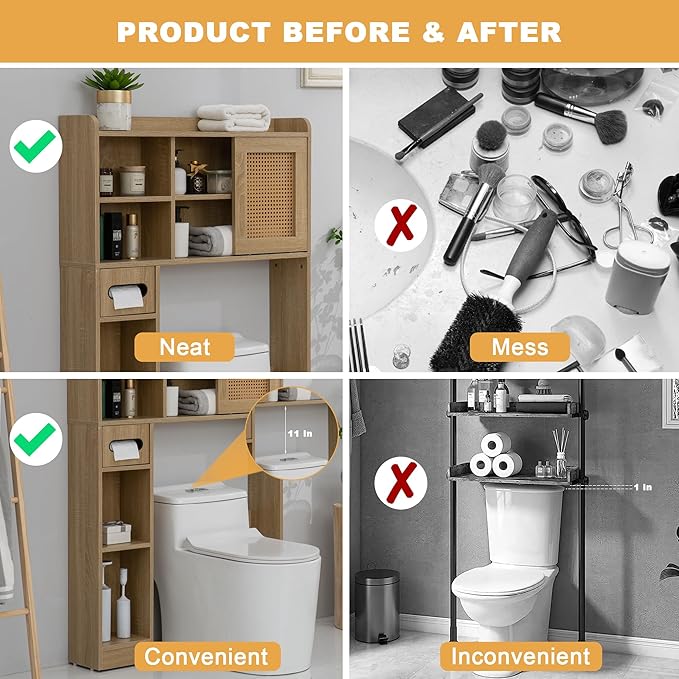 6Tier Over The Toilet Storage Cabinet, Freestanding Above Toilet Space Saver Rack w/Adjustable Shelves, Sliding Door, Multifunctional Over Toilet Organizer for Bathroom (Burlywood)