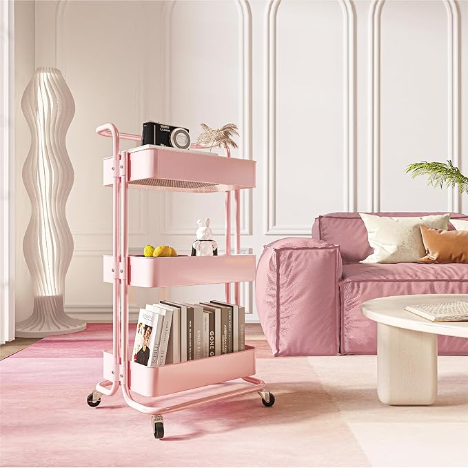 Metal Rolling Storage Cart, 3-Tier Utility Cart with Wheels, Multifunctional Organizer Storage for Kitchen, Bedroom, Office, Laundry Room, Dorm Room Essentials (Pink)