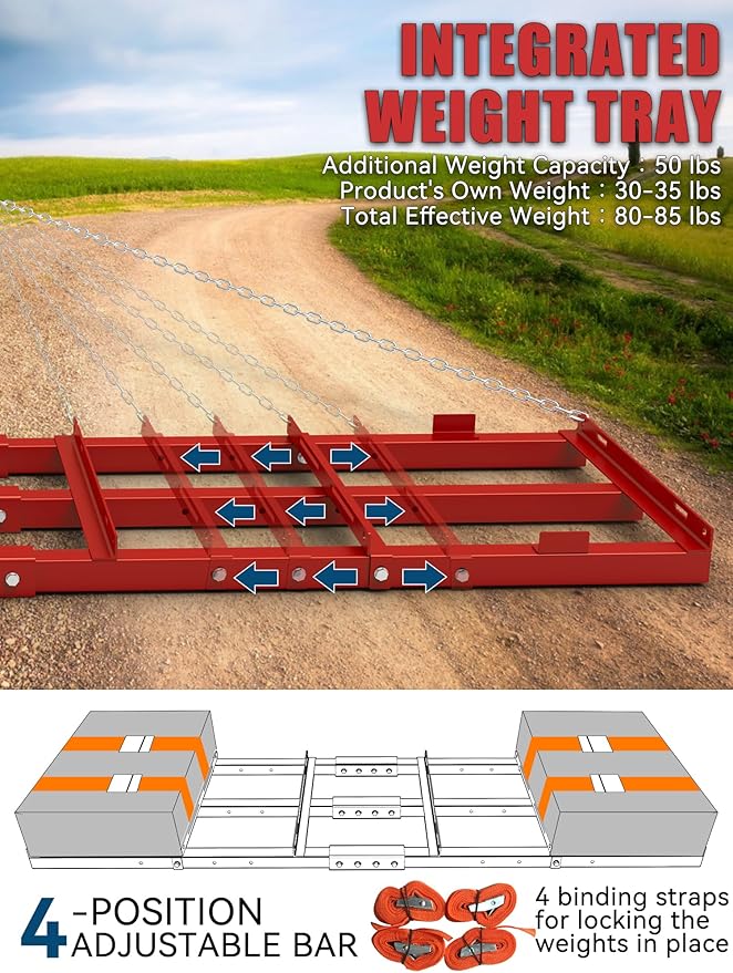 6ft Heavy Duty Drag Harrow for ATV, UTV, Tractor - Adjustable Tow Behind Leveling Rake with Weight Tray for Driveway Grader, Lawn, Field, Pasture, Food Plot Maintenance, Red(72 inch)