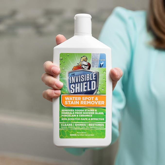 Invisible Shield Water Spot & Stain Remover Scrub 10 fl. oz. Removes Hard Water Spots and Soap Scum from Glass and Multi Surface by UNELKO- Clean-X Invisible Shield 2 Pack