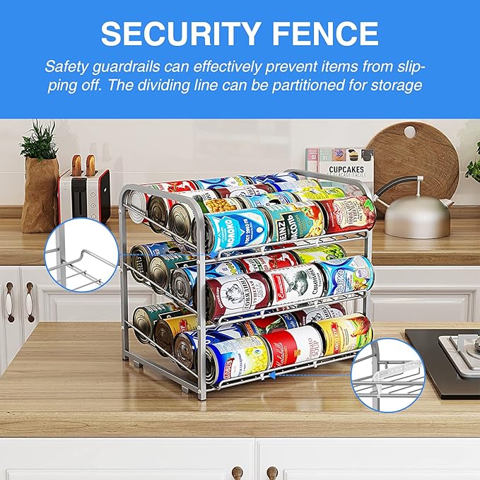 AIYAKA Can Rack Organizer, 3 Tier Stackable Can Storage Dispenser–12.2" D x 16.6" W x 14.5" H,for Food Storage, Kitchen Cabinets or Pantry, Storage for 36 Cans, Silver