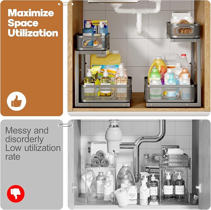 1 Pack 15.7IN-Depth Under Sink Organizer With Smooth Cylindrical Rail,2-Tier Pull Out Multi-Purpose Cabinet Storage for Bathroom&Kitchen,Height Adjustable,Rust-resistant Coating-Gun Gray