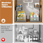 2 Pack 15.7IN-Depth Under Sink Organizer With Smooth Cylindrical Rail,2-Tier Pull Out Multi-Purpose Cabinet Storage for Bathroom&Kitchen,Height Adjustable,Rust-resistant Coating-Gun Gray
